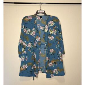 Madison Lilly Womens Size 1X Teal Floral Shawl/Jacket Pockets Drawstring Closure